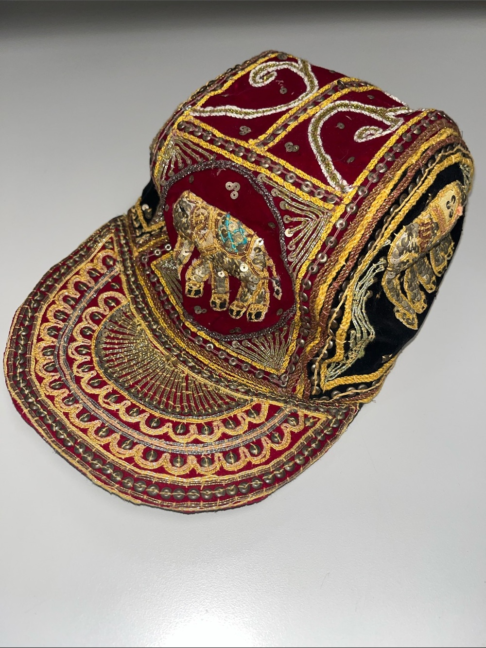 Source Unknown Red & Black Embroidered Elephant Kalaga Burmese Cap